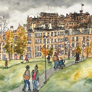 Edinburgh castle and the meadows in autumn illustration