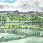 'View from Levens across the Lyth valley to the Lake District fells'. A greetings card with a pen and watercolour illustration drawn on location by Sophie Martin