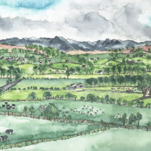'View from Levens across the Lyth valley to the Lake District fells'. A greetings card with a pen and watercolour illustration drawn on location by Sophie Martin